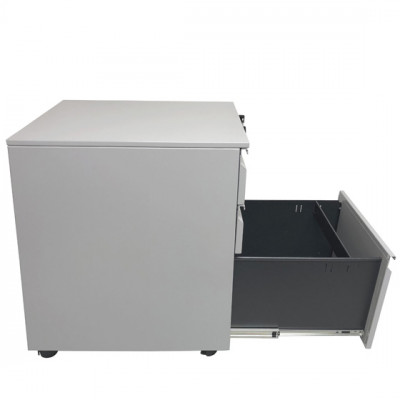 Mobile pedestal base drawer fits letter or legal sized folders, and has its own 5th wheel for support when extended
